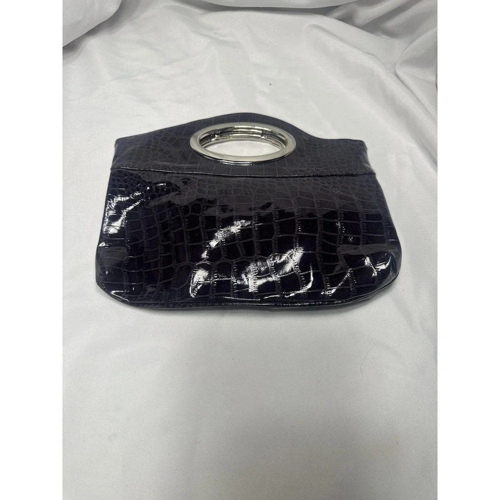 Vintage Deep Plum Faux Croc Embossed Metal Ring Handle Clutch‎ Handbag Patent